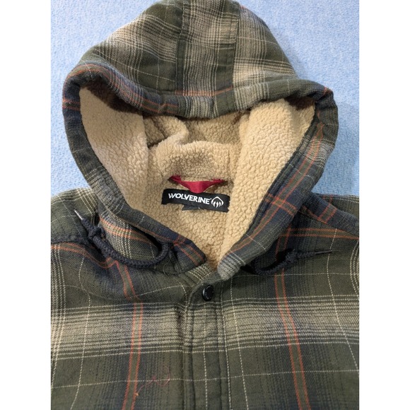 Wolverine Mens Sherpa Lined Hooded Flannel Shirt Jacket Plaid Green Large - Picture 5 of 11